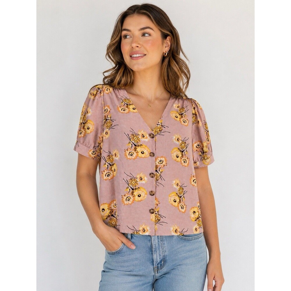 Madewell Floral Top Size L Pink Linen Blend Button Front V Neck Short Sleeve